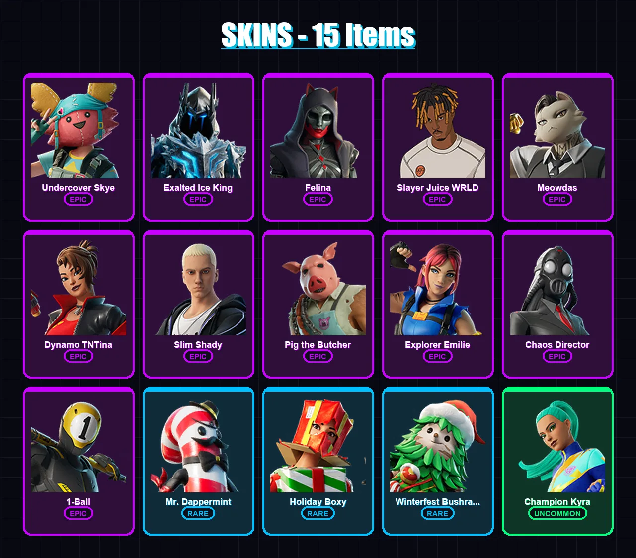 [PC/XBOX/PSN] | Undercover Skye | Exalted Ice King | Felina | Slayer Juice WRLD | Meowdas | 15 skin | 27 pickaxe | 15 emote | 19 glider | Lv204 — Fortnite account