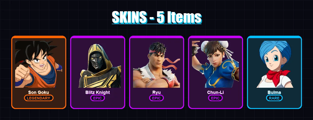 [PC/XBOX/PSN] | Son Goku | Blitz Knight | Ryu | Chun-Li | Bulma | 5 skin | 24 pickaxe | 8 emote | 19 glider | Lv229