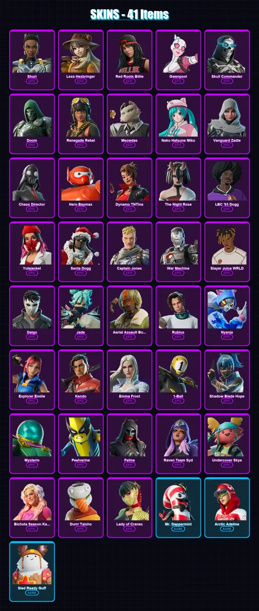 [PC/XBOX/PSN] | Shuri | Lexa Hexbringer | Red Roots Billie | Gwenpool | Skull Commander | 41 skin | 72 pickaxe | 57 emote | 50 glider | Lv804