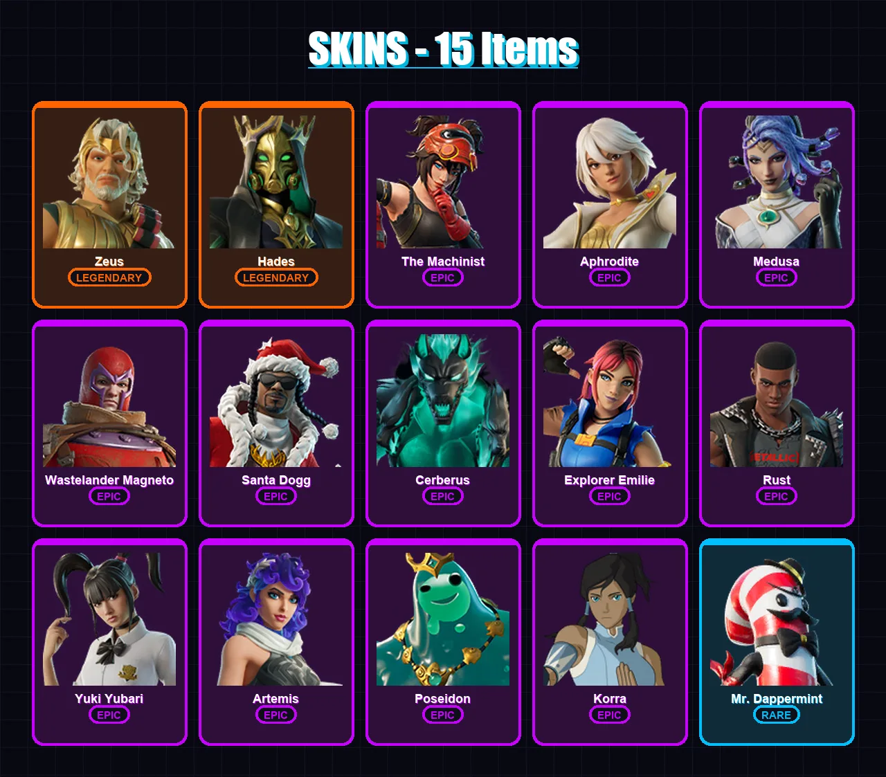 [PS4/PS5/XBOX/PC] | Zeus | Hades | The Machinist | Aphrodite | Medusa | 15 skin | 35 pickaxe | 29 emote | 26 glider | Lv410