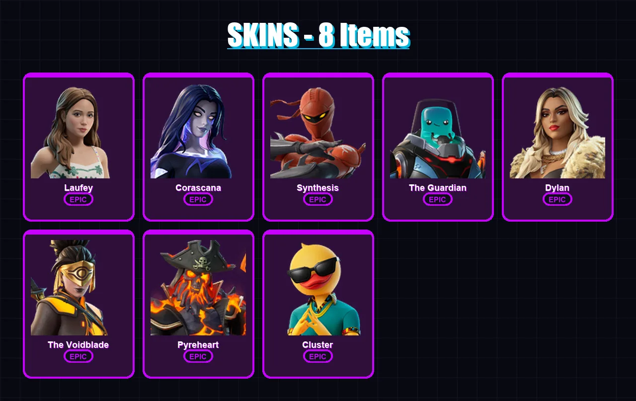 [PC/XBOX/PSN] | Laufey | Corascana | Synthesis | The Guardian | Dylan | 8 skin | 12 pickaxe | 7 emote | 11 glider | Lv25