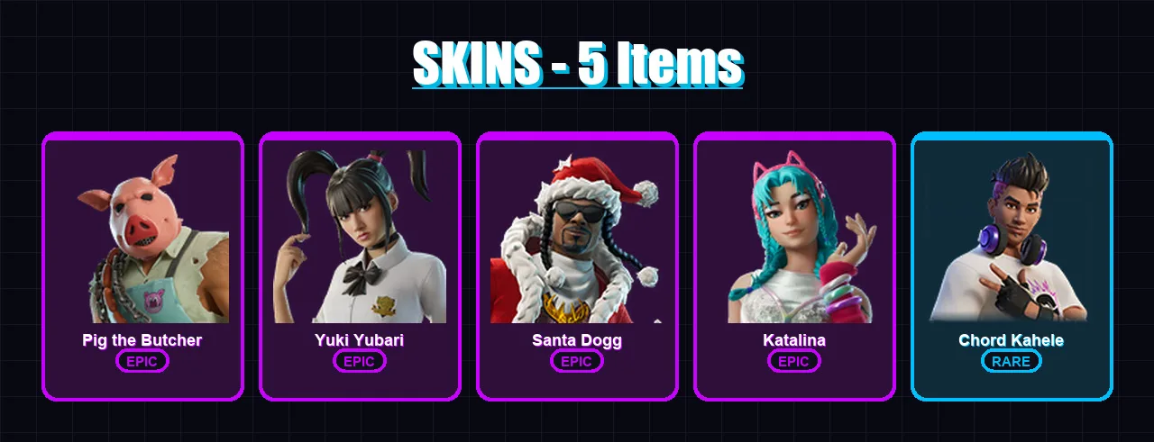 [PC/XBOX] | Pig the Butcher | Yuki Yubari | Santa Dogg | Katalina | Chord Kahele | 5 skin | 18 pickaxe | 7 emote | 11 glider | Lv127
