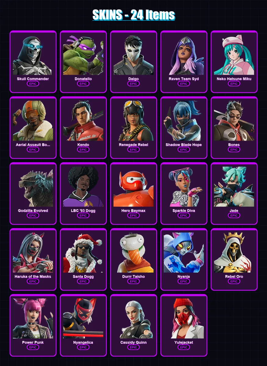 [PC/XBOX/PSN] | Skull Commander | Donatello | Daigo | Raven Team Syd | Neko Hatsune Miku | 24 skin | 35 pickaxe | 19 emote | 17 glider | Lv98