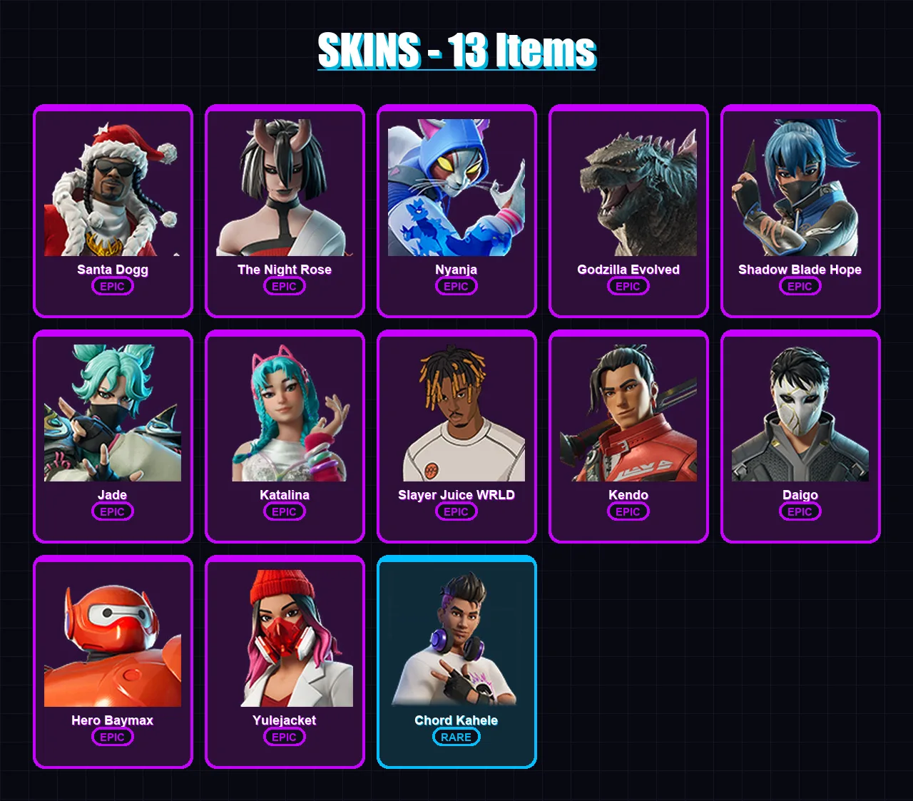 [PC/XBOX/PSN] | Santa Dogg | The Night Rose | Nyanja | Godzilla Evolved | Shadow Blade Hope | 13 skin | 28 pickaxe | 19 emote | 20 glider | Lv256 — Fortnite account