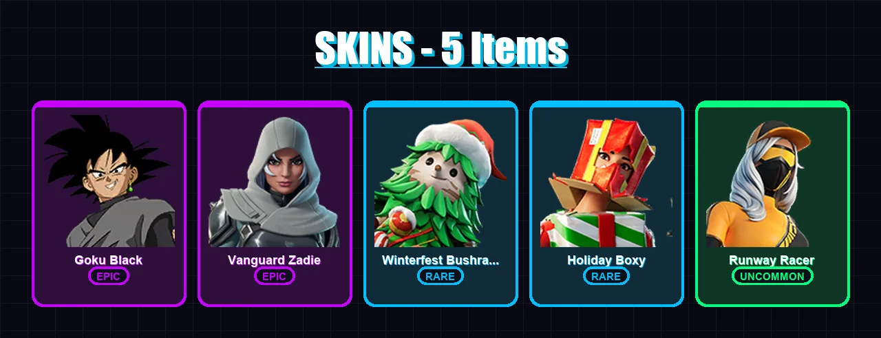 [PC/XBOX/PSN] | Goku Black | Vanguard Zadie | Winterfest Bushranger | Holiday Boxy | Runway Racer | 5 skin | 39 pickaxe | 24 emote | 29 glider | Lv8
