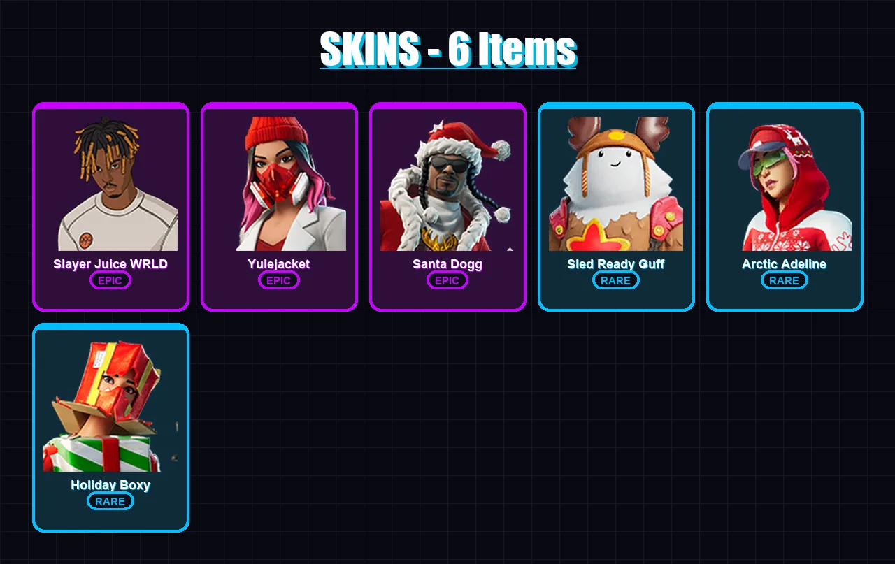 [PC/XBOX/PSN] | Slayer Juice WRLD | Yulejacket | Santa Dogg | Sled Ready Guff | Arctic Adeline | 6 skin | 15 pickaxe | 5 emote | 14 glider | Lv129