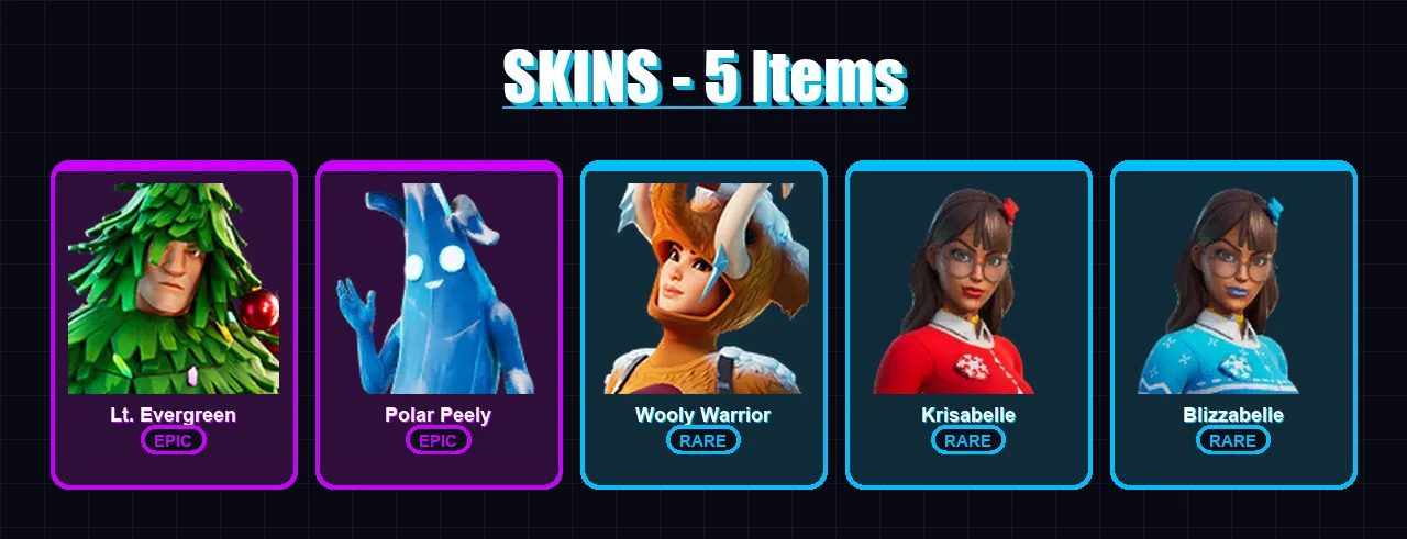 [PC/XBOX/PSN] | Lt. Evergreen | Polar Peely | Wooly Warrior | Krisabelle | Blizzabelle | 5 skin | 9 pickaxe | 9 emote | 11 glider | Lv114