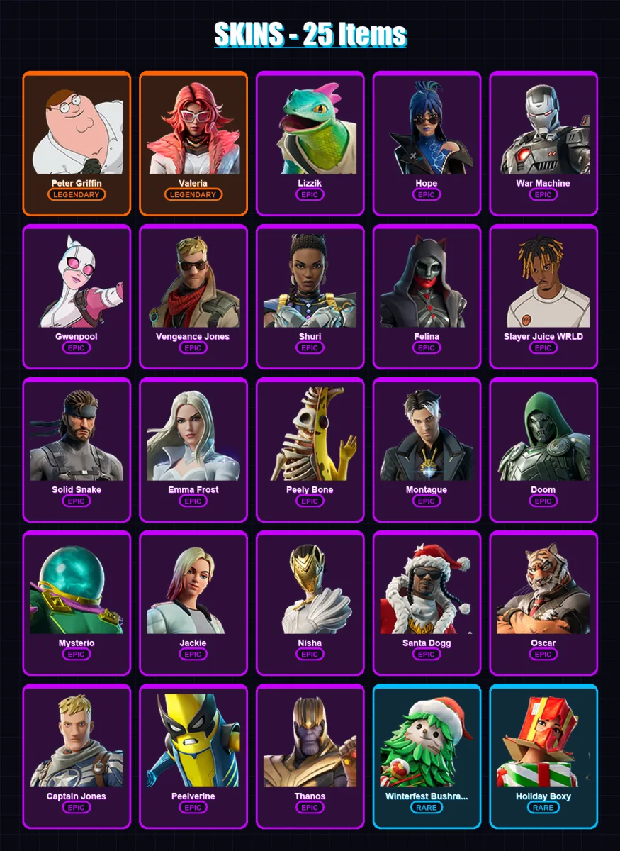[PC/PSN] | Peter Griffin | Valeria | Lizzik | Hope | War Machine | 25 skin | 62 pickaxe | 45 emote | 42 glider | Lv497