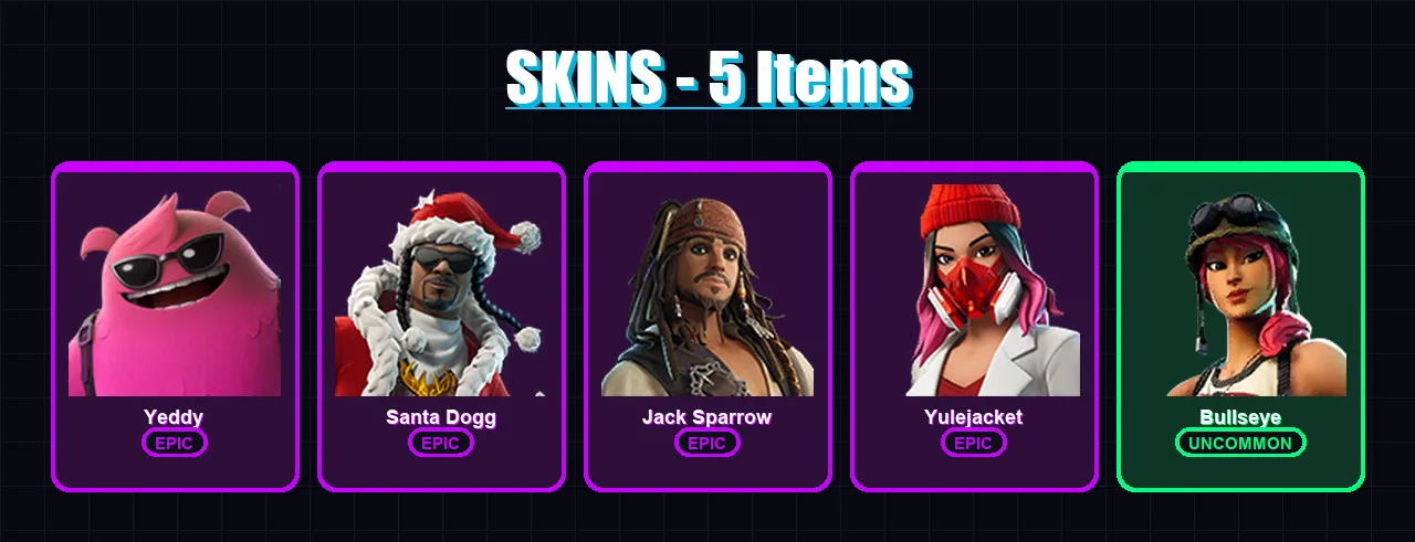 [PC/XBOX] | Yeddy | Santa Dogg | Jack Sparrow | Yulejacket | Bullseye | 5 skin | 8 pickaxe | 4 emote | 8 glider | Lv64