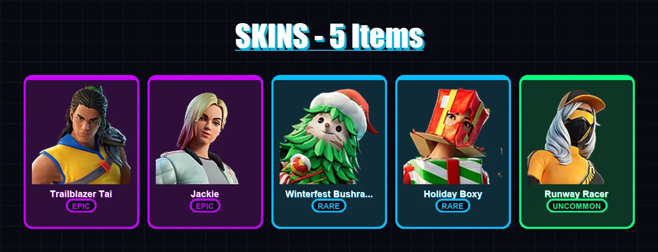 [PC/XBOX/PSN] | Trailblazer Tai | Jackie | Winterfest Bushranger | Holiday Boxy | Runway Racer | 5 skin | 7 pickaxe | 6 emote | 7 glider | Lv98