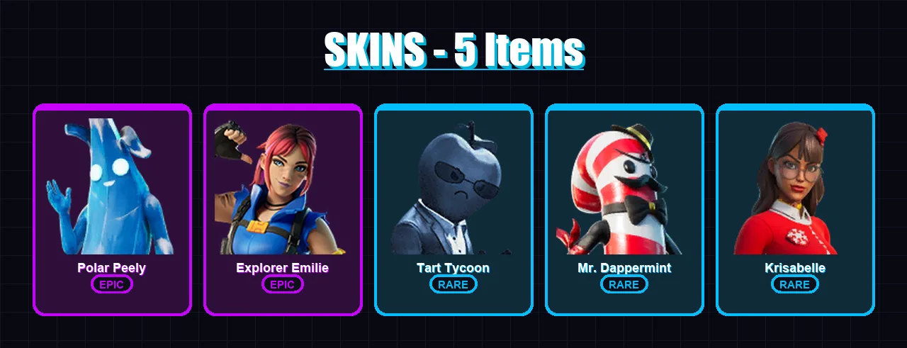 [PC/PSN] | Polar Peely | Explorer Emilie | Tart Tycoon | Mr. Dappermint | Krisabelle | 5 skin | 5 pickaxe | 5 emote | 3 glider | Lv54