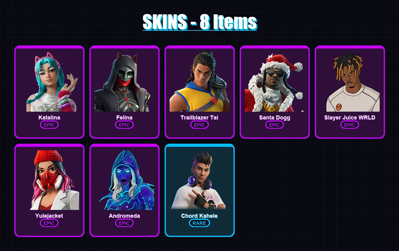 [PC/XBOX/PSN] | Katalina | Felina | Trailblazer Tai | Santa Dogg | Slayer Juice WRLD | 8 skin | 43 pickaxe | 19 emote | 28 glider | Lv534
