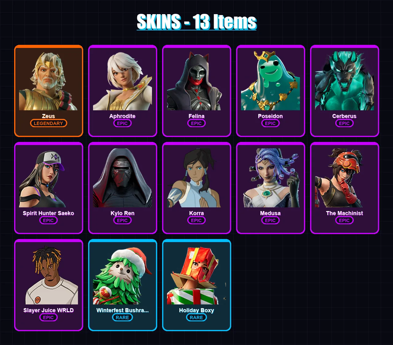 [PC/XBOX/PSN] | Zeus | Aphrodite | Felina | Poseidon | Cerberus | 13 skin | 25 pickaxe | 17 emote | 24 glider | Lv208