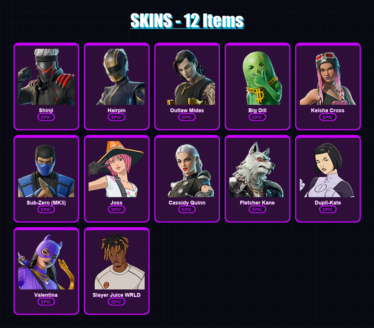 [PS4/PS5/XBOX/PC] | Shinji | Hairpin | Outlaw Midas | Big Dill | Keisha Cross | 12 skin | 33 pickaxe | 24 emote | 28 glider | Lv408