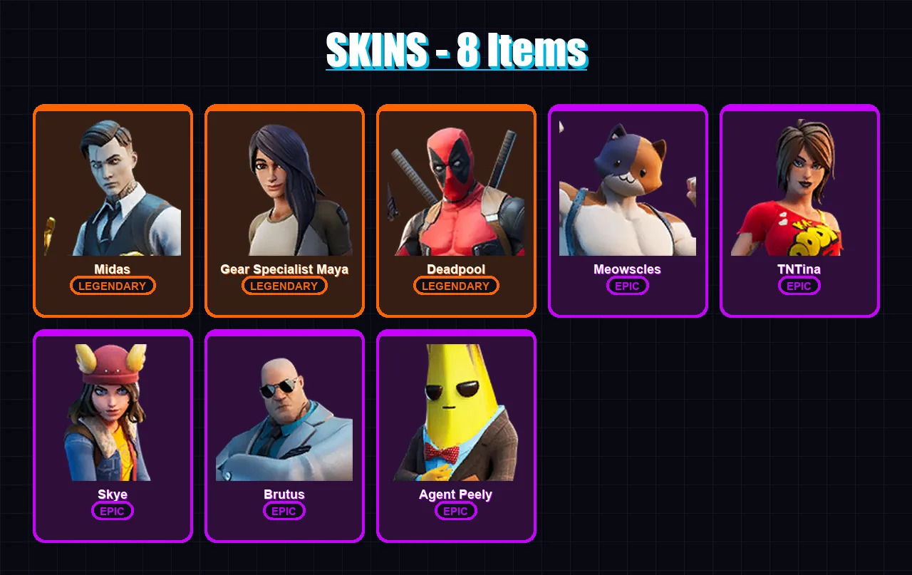 [SWITCH/XBOX/PSN/PC] | Midas | Gear Specialist Maya | Deadpool | Meowscles | TNTina | 8 skin | 8 pickaxe | 14 emote | 11 glider | Lv204