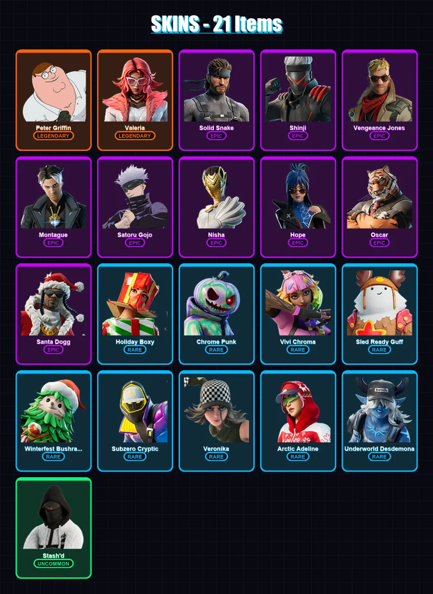 [PC] | Peter Griffin | Valeria | Solid Snake | Shinji | Vengeance Jones | 21 skin | 42 pickaxe | 24 emote | 37 glider | Lv439 — Fortnite account