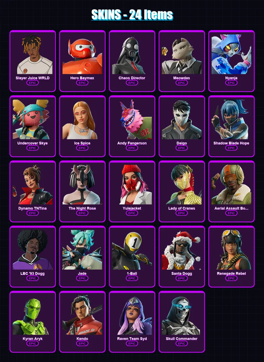 [PC/PSN] | Slayer Juice WRLD | Hero Baymax | Chaos Director | Meowdas | Nyanja | 24 skin | 35 pickaxe | 20 emote | 20 glider | Lv225 — Fortnite account