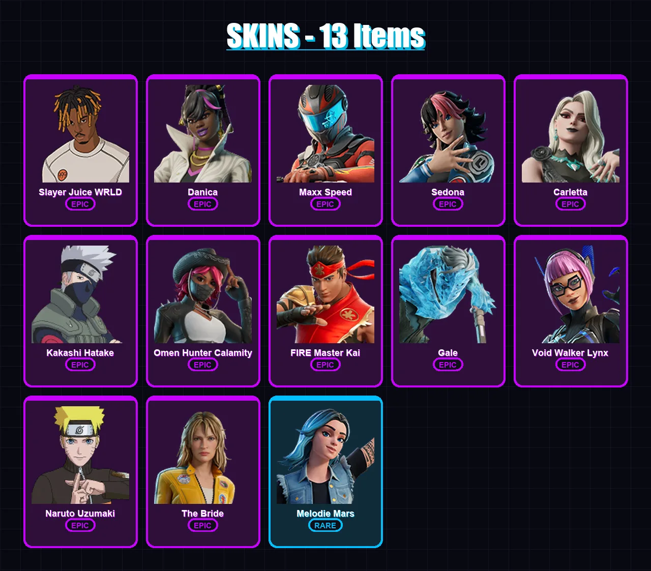 [PC/PSN] | Slayer Juice WRLD | Danica | Maxx Speed | Sedona | Carletta | 13 skin | 12 pickaxe | 10 emote | 11 glider | Lv62