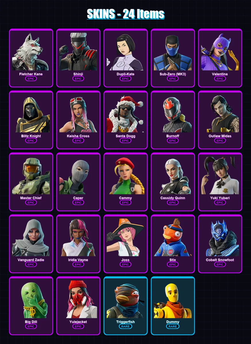 [PS4/PS5/XBOX/PC] | Fletcher Kane | Shinji | Dupli-Kate | Sub-Zero (MK3) | Valentina | 24 skin | 72 pickaxe | 35 emote | 47 glider | Lv790