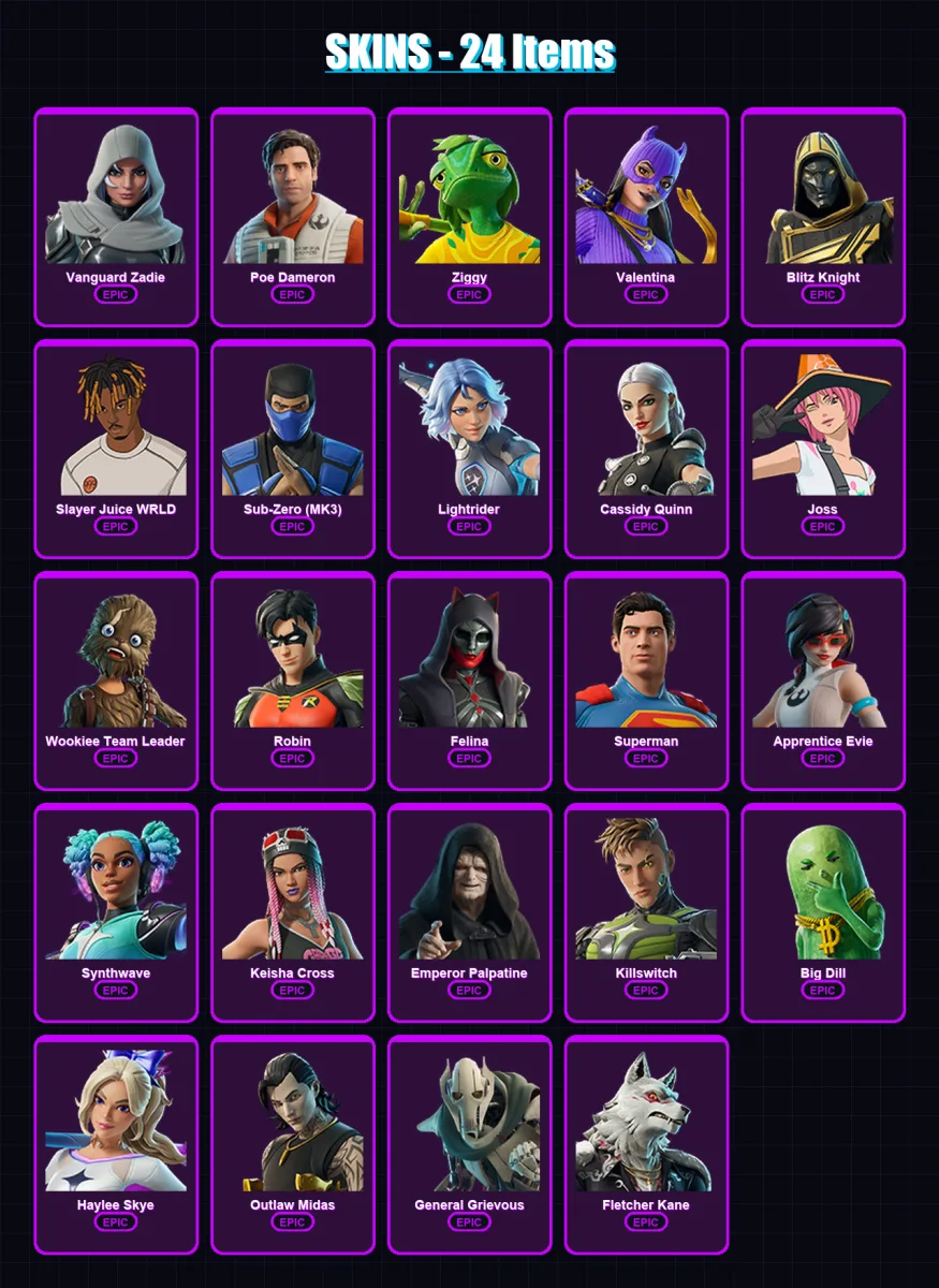 [PC/XBOX/PSN] | Vanguard Zadie | Poe Dameron | Ziggy | Valentina | Blitz Knight | 24 skin | 51 pickaxe | 26 emote | 34 glider | Lv400