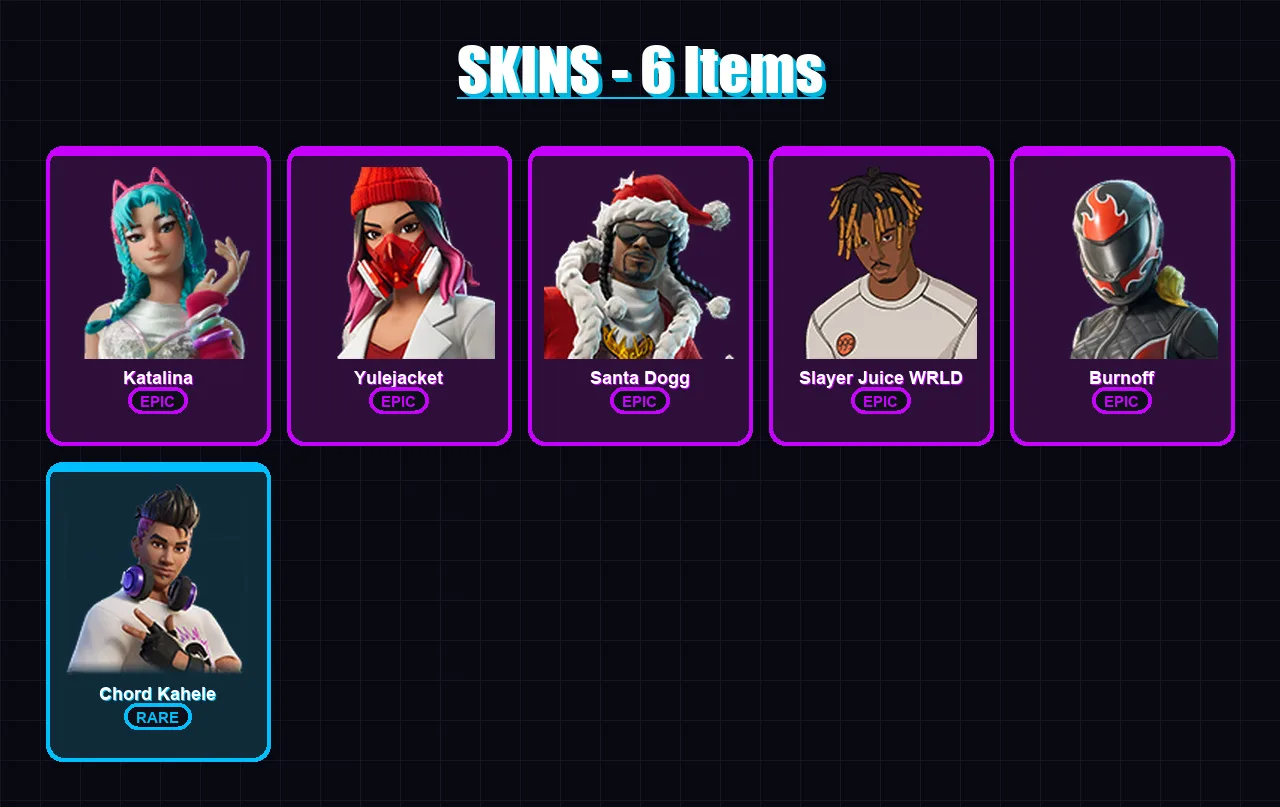 [PC/XBOX/PSN] | Katalina | Yulejacket | Santa Dogg | Slayer Juice WRLD | Burnoff | 6 skin | 34 pickaxe | 12 emote | 20 glider | Lv361