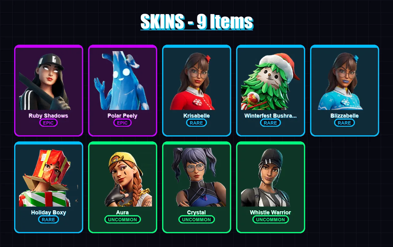 [PC/XBOX/PSN] | Ruby Shadows | Polar Peely | Krisabelle | Winterfest Bushranger | Blizzabelle | 9 skin | 12 pickaxe | 14 emote | 15 glider | Lv182