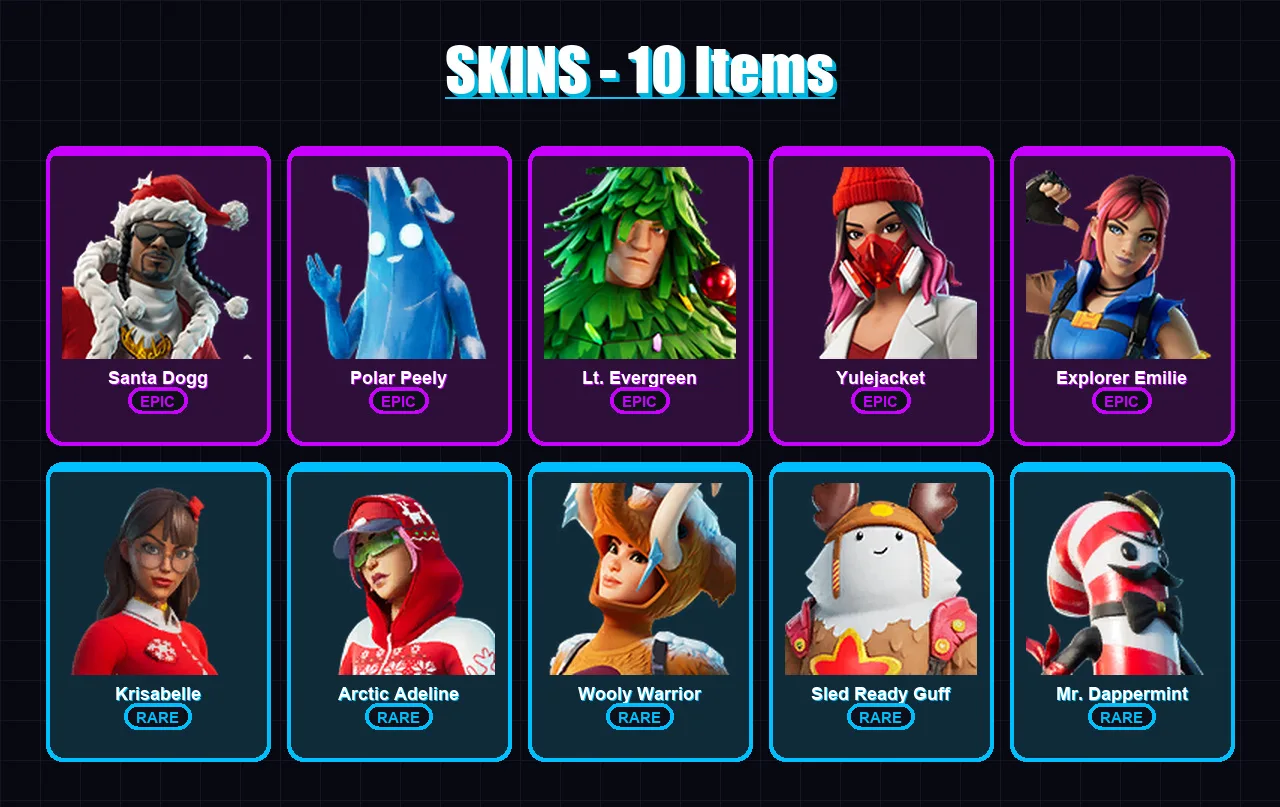 [PS4/PS5/XBOX/PC] | Santa Dogg | Polar Peely | Lt. Evergreen | Yulejacket | Explorer Emilie | 10 skin | 35 pickaxe | 20 emote | 30 glider | Lv263