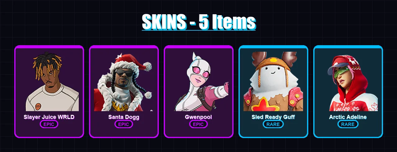 [PC/XBOX/PSN] | Slayer Juice WRLD | Santa Dogg | Gwenpool | Sled Ready Guff | Arctic Adeline | 5 skin | 17 pickaxe | 10 emote | 22 glider | Lv193