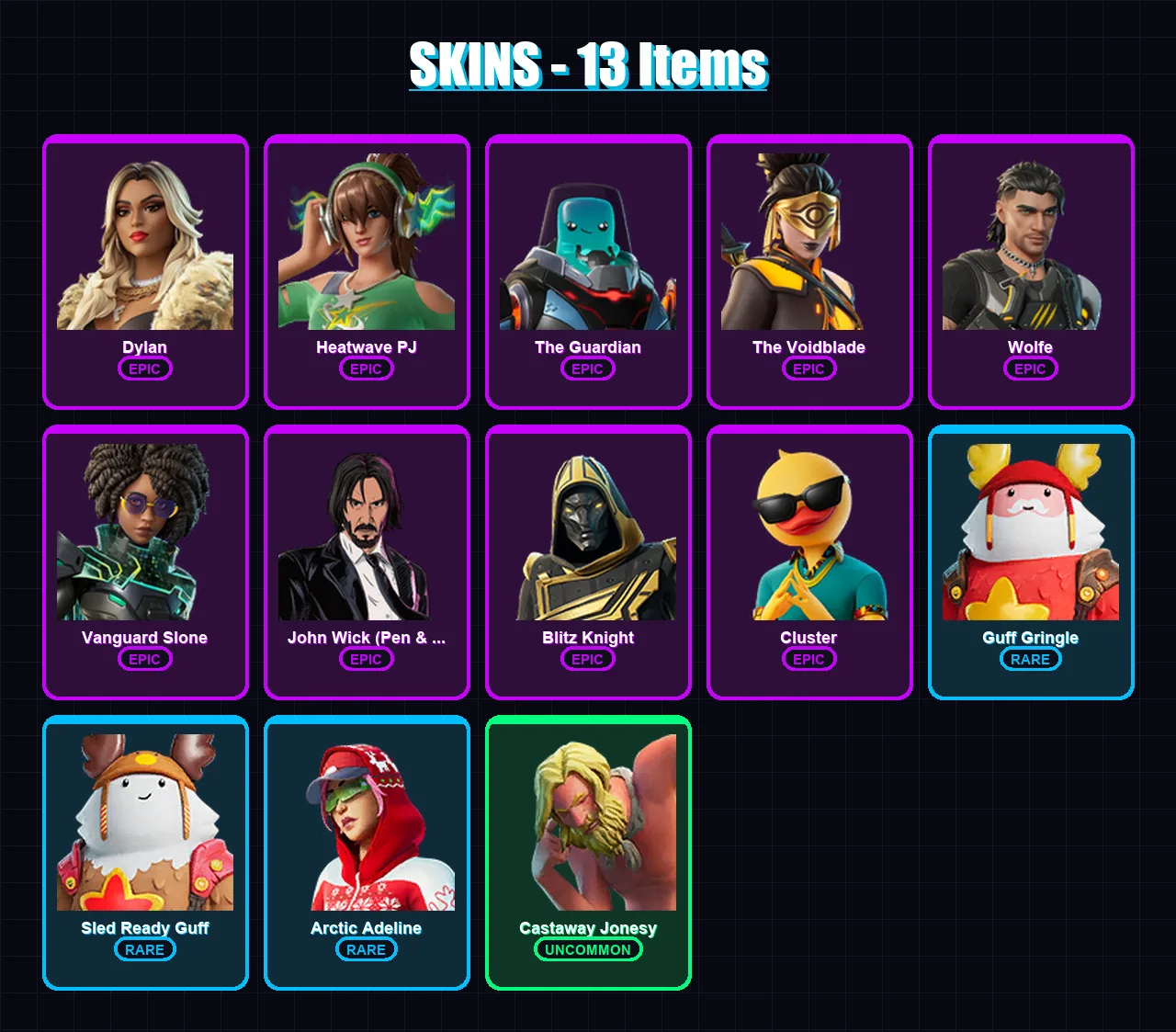 [PS4/PS5/XBOX/PC] | Dylan | Heatwave PJ | The Guardian | The Voidblade | Wolfe | 13 skin | 32 pickaxe | 18 emote | 34 glider | Lv327