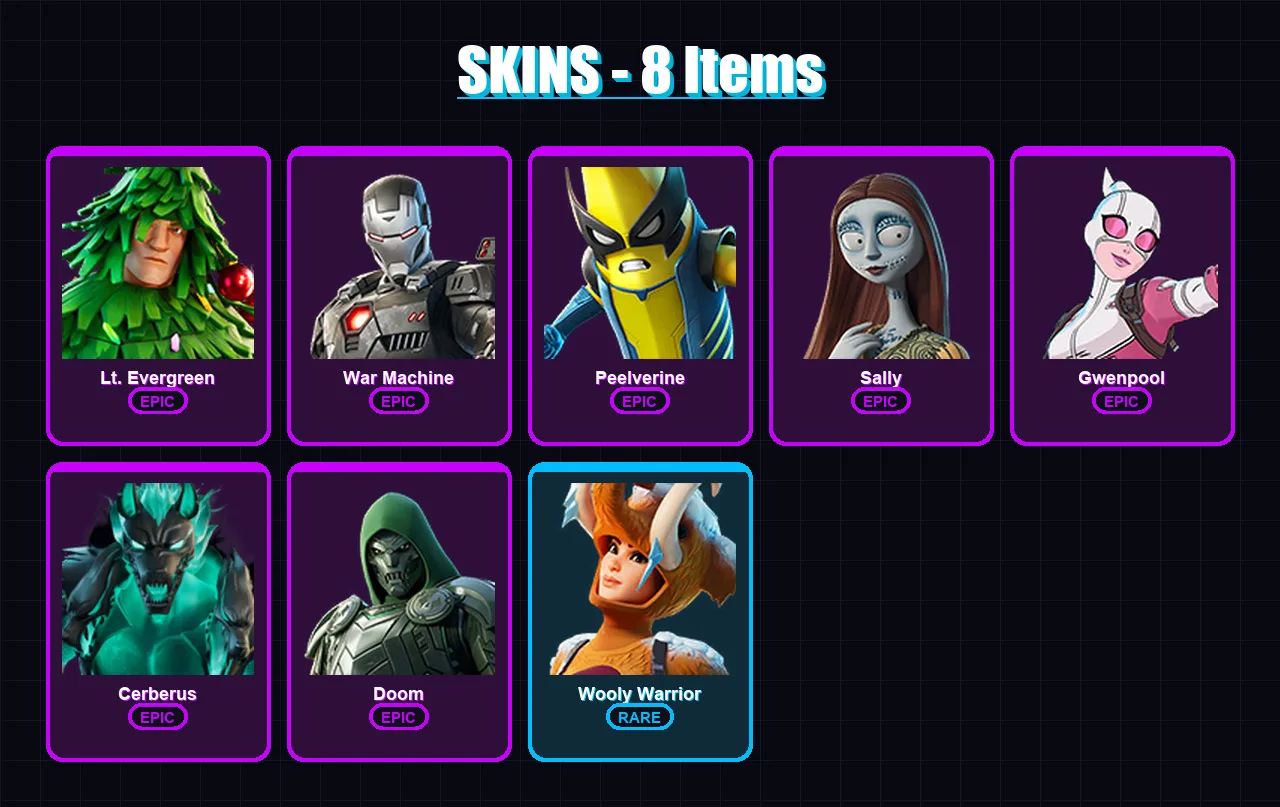 [SWITCH/XBOX/PSN/PC] | Lt. Evergreen | War Machine | Peelverine | Sally | Gwenpool | 8 skin | 19 pickaxe | 10 emote | 18 glider | Lv92