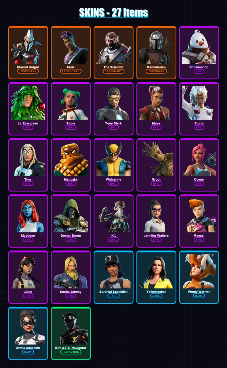 [PC/XBOX/PSN] | Eternal Knight | Fade | The Scientist | Mandalorian | Snowmando | 27 skin | 37 pickaxe | 34 emote | 44 glider | Lv747