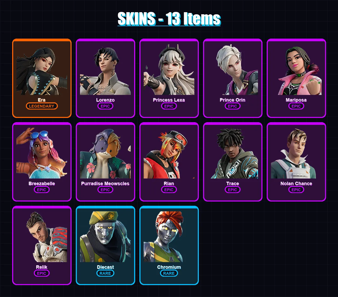 [PS4/PS5/PC] | Era | Lorenzo | Princess Lexa | Prince Orin | Mariposa | 13 skin | 11 pickaxe | 8 emote | 11 glider | Lv79