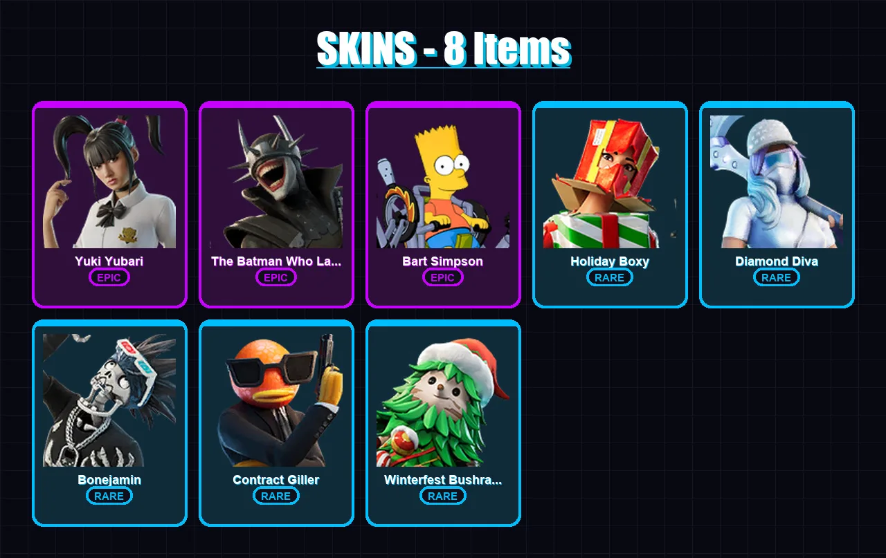 [PC/XBOX] | Yuki Yubari | The Batman Who Laughs | Bart Simpson | Holiday Boxy | Diamond Diva | 8 skin | 18 pickaxe | 9 emote | 13 glider | Lv112