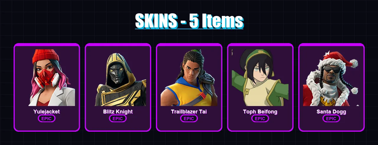 [PC/XBOX/PSN] | Yulejacket | Blitz Knight | Trailblazer Tai | Toph Beifong | Santa Dogg | 5 skin | 25 pickaxe | 8 emote | 10 glider | Lv203