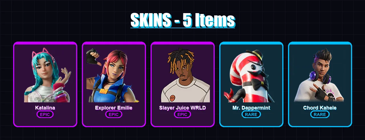 [PC/XBOX/PSN] | Katalina | Explorer Emilie | Slayer Juice WRLD | Mr. Dappermint | Chord Kahele | 5 skin | 5 pickaxe | 5 emote | 5 glider | Lv33