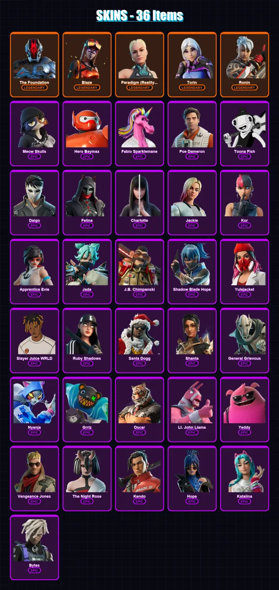 [PC/XBOX] | The Foundation | Blaze | Paradigm (Reality-659) | Torin | Ronin | 36 skin | 68 pickaxe | 41 emote | 54 glider | Lv829