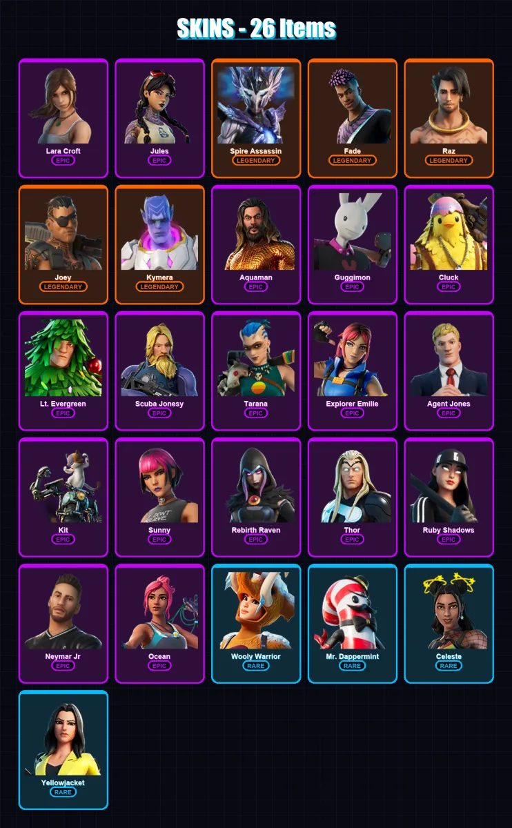 [PC/XBOX/PSN] | Lara Croft | Jules | Spire Assassin | Fade | Raz | 26 skin | 28 pickaxe | 25 emote | 30 glider | Lv403