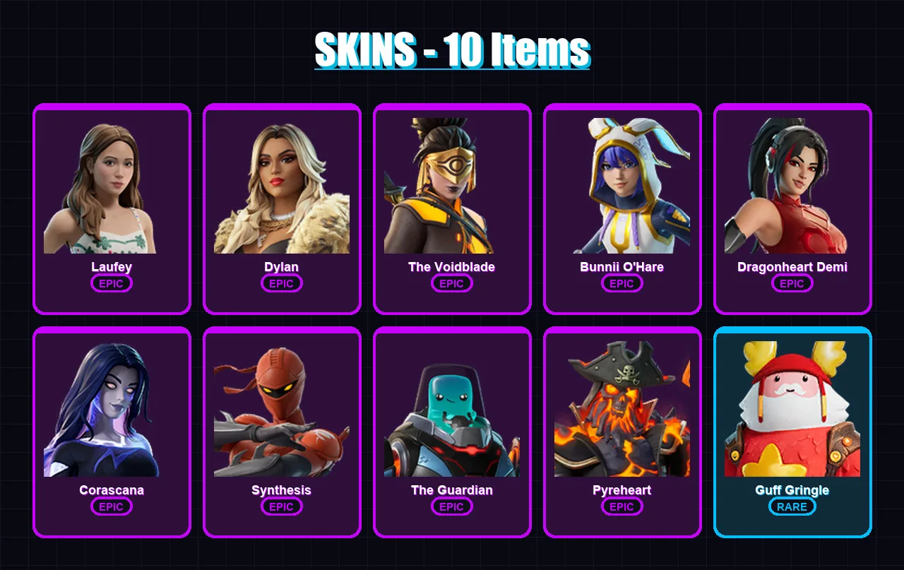 [PC/XBOX/PSN] | Laufey | Dylan | The Voidblade | Bunnii O'Hare | Dragonheart Demi | 10 skin | 17 pickaxe | 14 emote | 11 glider | Lv154