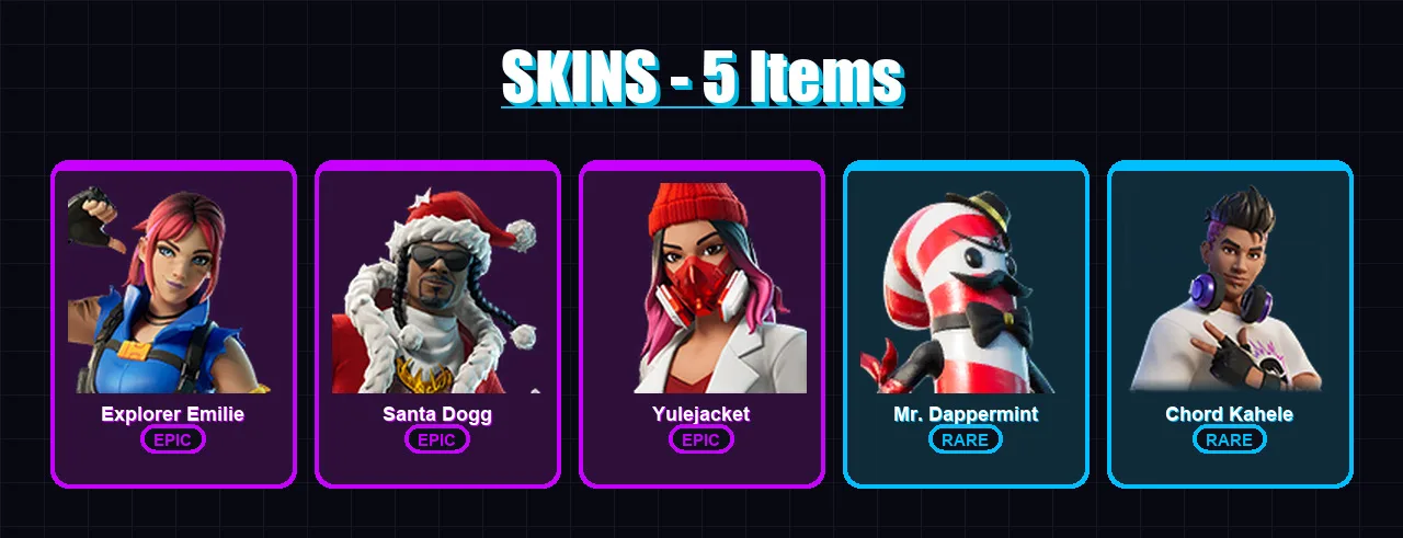 [PC/XBOX/PSN] | Explorer Emilie | Santa Dogg | Yulejacket | Mr. Dappermint | Chord Kahele | 5 skin | 6 pickaxe | 1 emote | 5 glider | Lv14