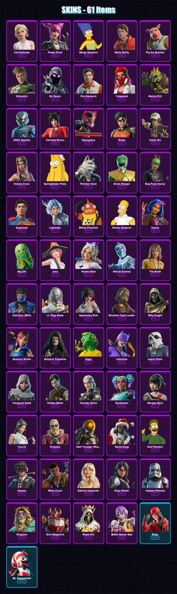 [PC/XBOX/PSN] | Cat Holloway | Power Punk | Marge Simpson | Marty McFly | Pig the Butcher | 61 skin | 112 pickaxe | 77 emote | 67 glider | Lv830