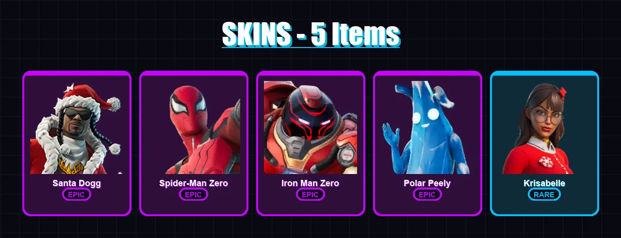 [PC/XBOX/PSN] | Santa Dogg | Spider-Man Zero | Iron Man Zero | Polar Peely | Krisabelle | 5 skin | 14 pickaxe | 7 emote | 7 glider | Lv48