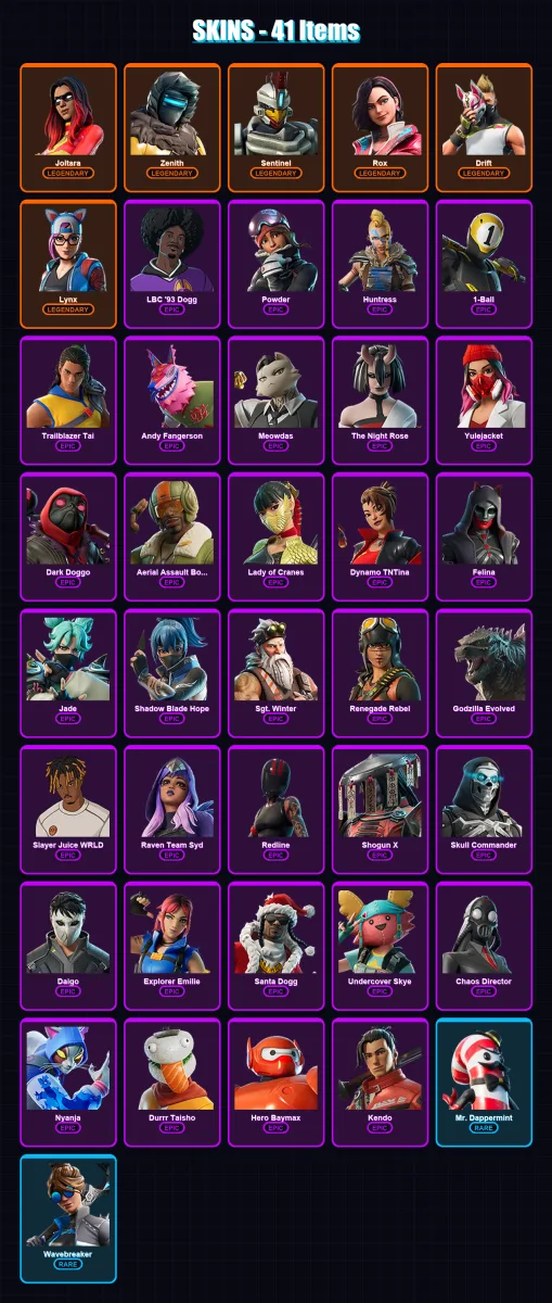 [PC/XBOX/PSN] | Joltara | Zenith | Sentinel | Rox | Drift | 41 skin | 63 pickaxe | 42 emote | 39 glider | Lv616