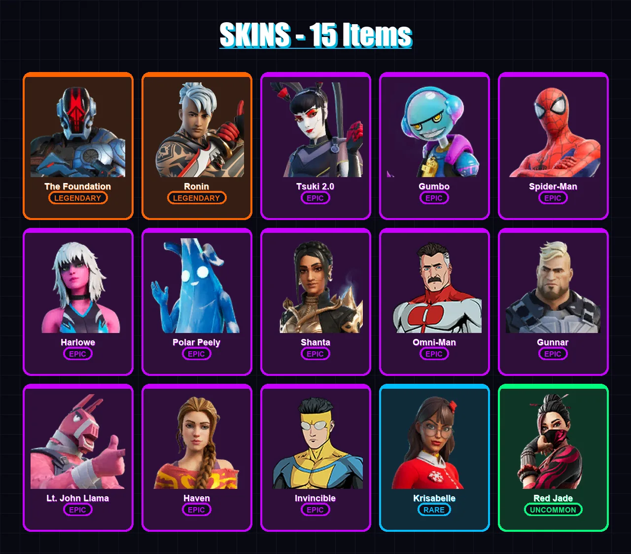 [PS4/PS5/XBOX/PC] | The Foundation | Ronin | Tsuki 2.0 | Gumbo | Spider-Man | 15 skin | 26 pickaxe | 24 emote | 22 glider | Lv349
