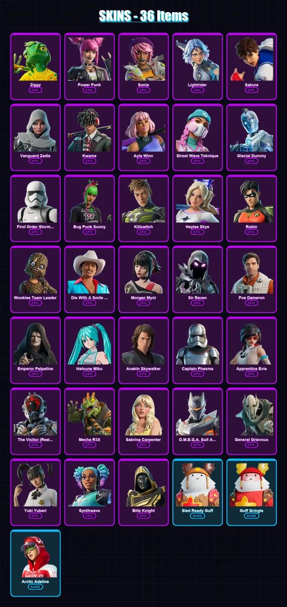 [PC/PSN] | Ziggy | Power Punk | Sonia | Lightrider | Sakura | 36 skin | 59 pickaxe | 38 emote | 38 glider | Lv504