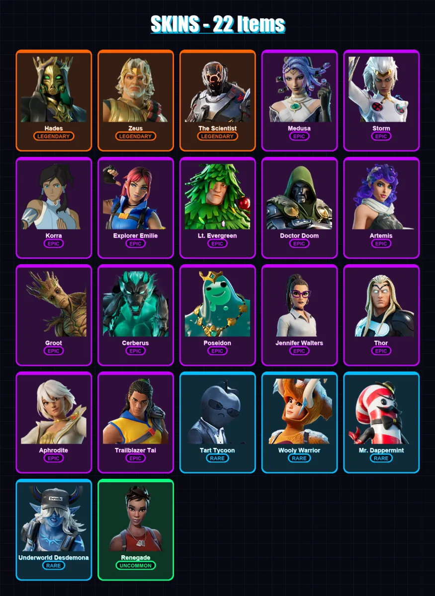 [PC/XBOX] | Hades | Zeus | The Scientist | Medusa | Storm | 22 skin | 42 pickaxe | 33 emote | 42 glider | Lv756