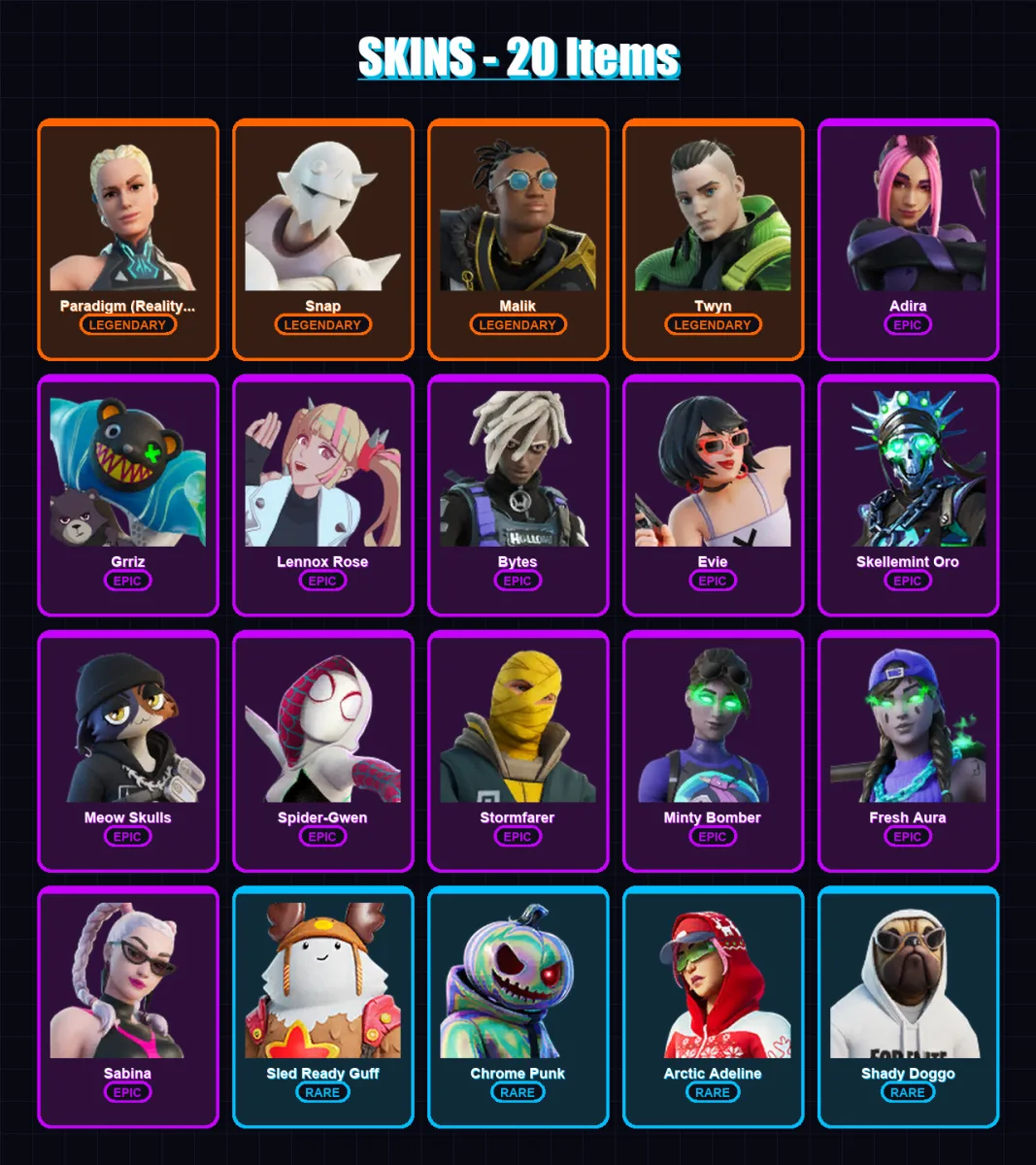 [PC/PSN] | Paradigm (Reality-659) | Snap | Malik | Twyn | Adira | 20 skin | 24 pickaxe | 17 emote | 24 glider | Lv277