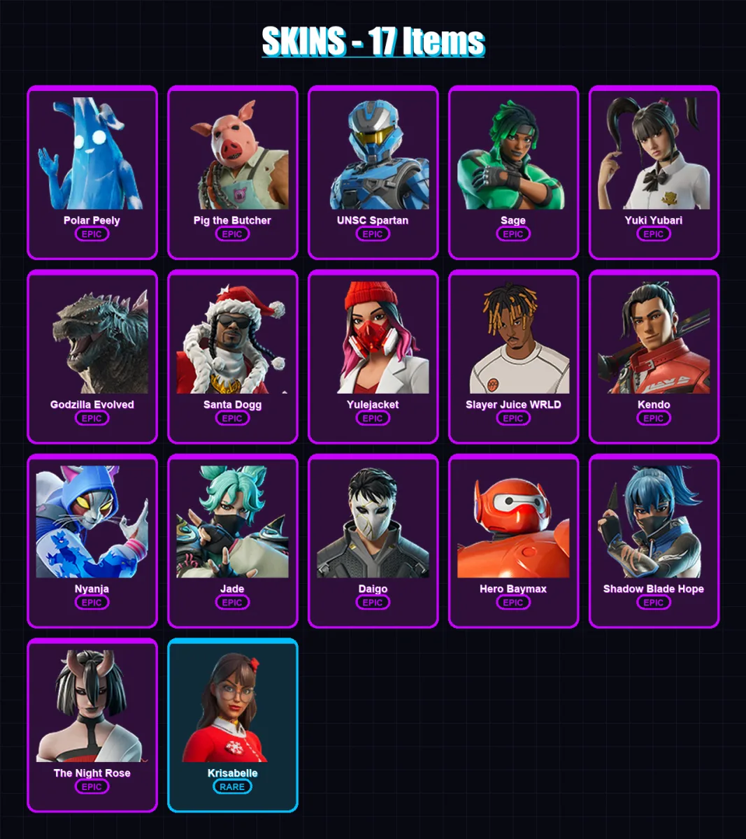 [PS4/PS5/XBOX/PC] | Polar Peely | Pig the Butcher | UNSC Spartan | Sage | Yuki Yubari | 17 skin | 63 pickaxe | 32 emote | 49 glider | Lv587