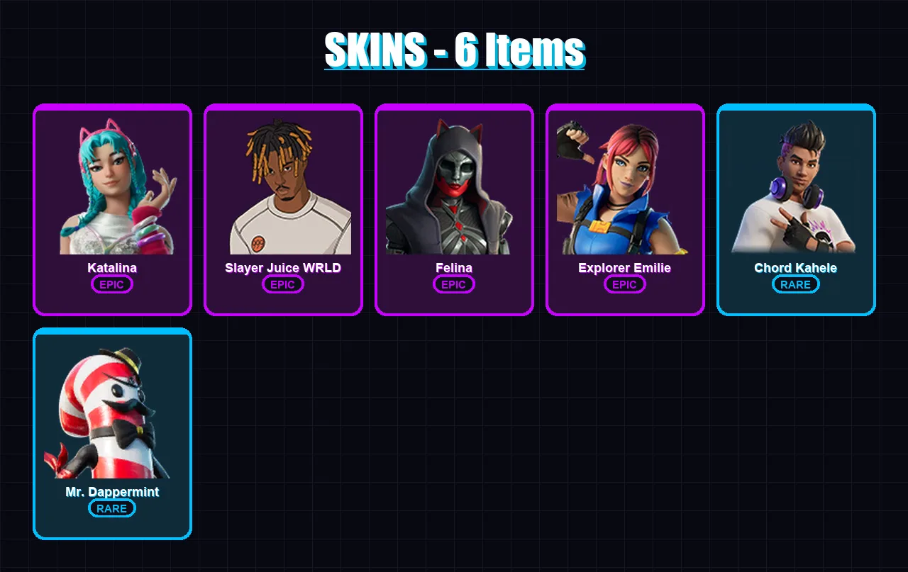 [PC/XBOX/PSN] | Katalina | Slayer Juice WRLD | Felina | Explorer Emilie | Chord Kahele | 6 skin | 22 pickaxe | 11 emote | 14 glider | Lv217