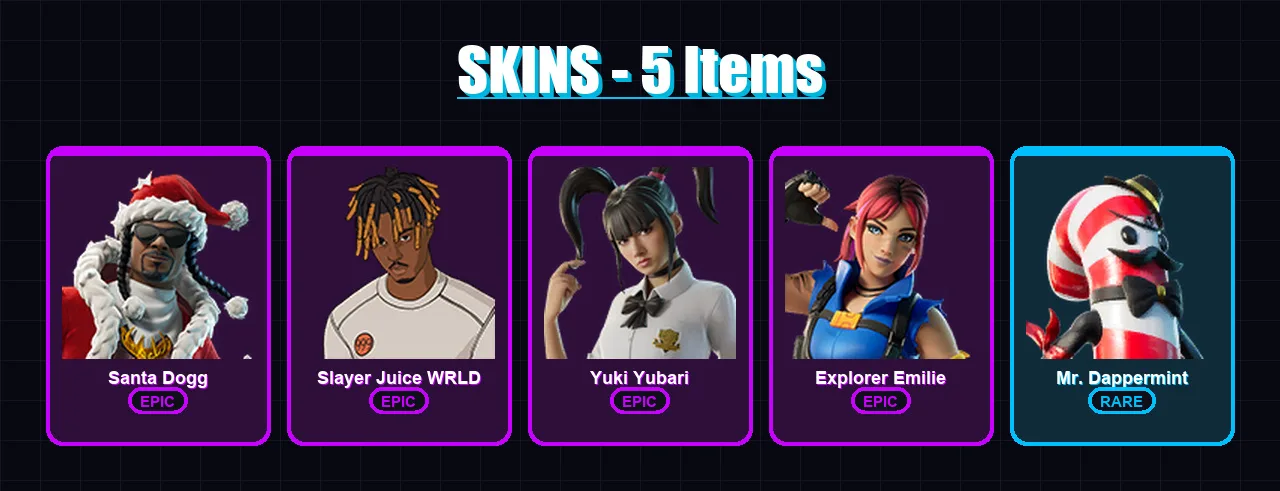 [PC/PSN] | Santa Dogg | Slayer Juice WRLD | Yuki Yubari | Explorer Emilie | Mr. Dappermint | 5 skin | 11 pickaxe | 6 emote | 7 glider | Lv56
