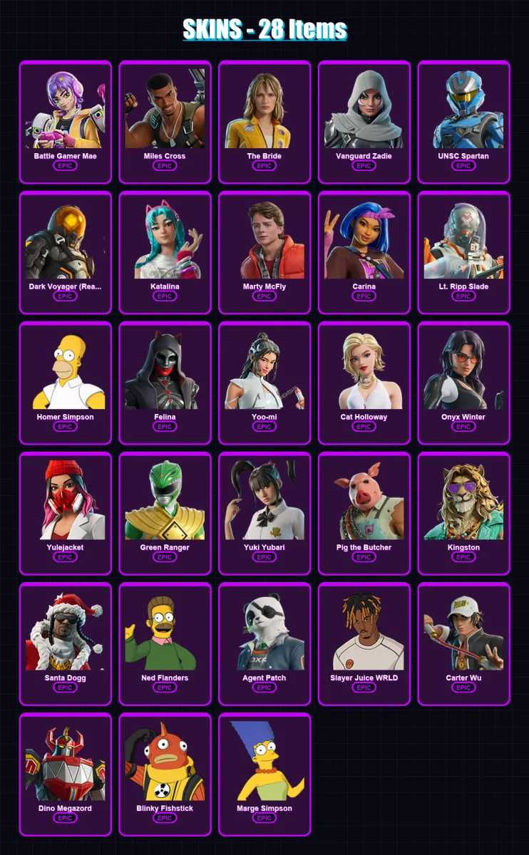 [PC] | Battle Gamer Mae | Miles Cross | The Bride | Vanguard Zadie | UNSC Spartan | 28 skin | 82 pickaxe | 41 emote | 53 glider | Lv799
